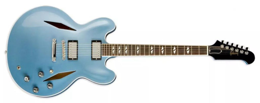 Gibson DG-335 shown as background to the later Epiphone model