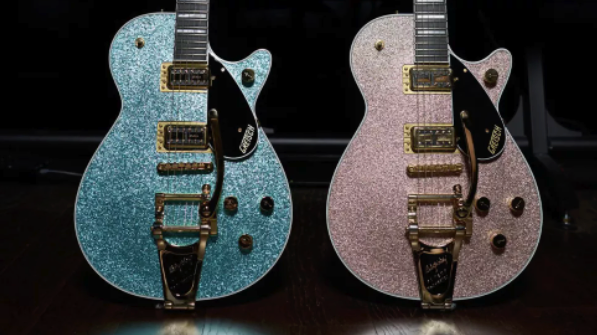 Gretsch Ocean Turquoise and Champagne Sparkle Jet launch photograph