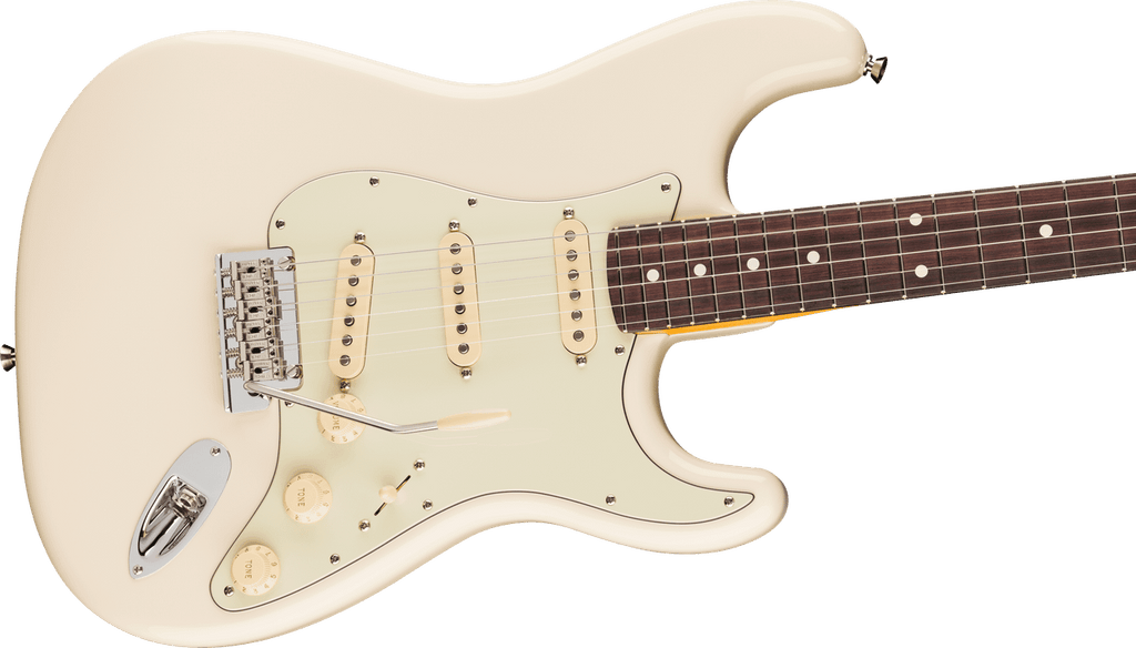 Fender American Professional Stratocaster in Olympic White, body close-up showing the pickups, controls and bridge