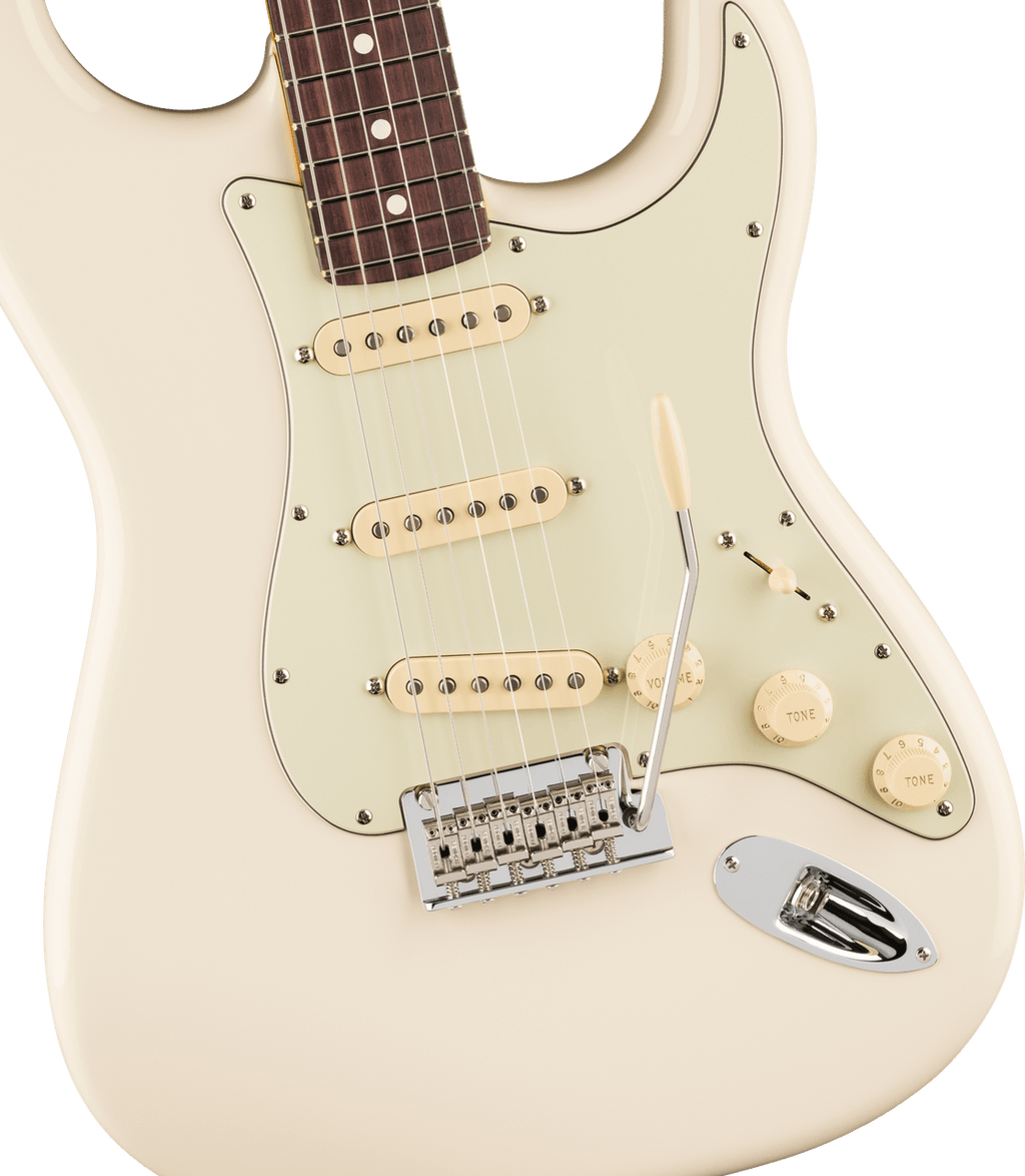 Rosewood fingerboard of the Fender American Professional Stratocaster in Olympic White, fingerboard close-up with white dot inlays