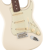 Rosewood fingerboard of the Fender American Professional Stratocaster in Olympic White, fingerboard close-up with white dot inlays
