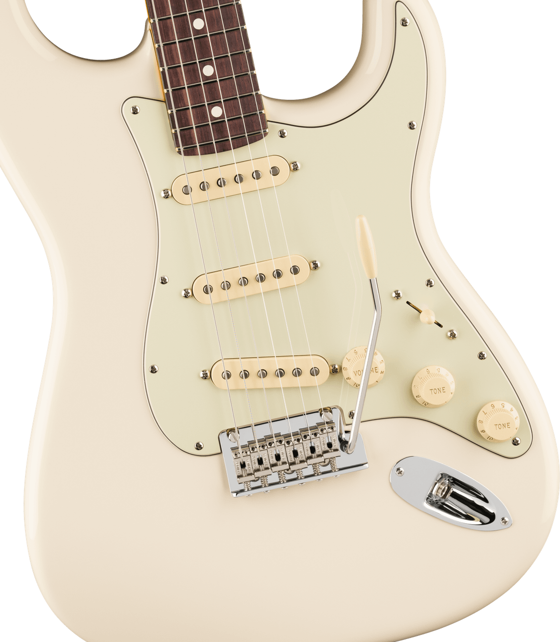 Rosewood fingerboard of the Fender American Professional Stratocaster in Olympic White, fingerboard close-up with white dot inlays