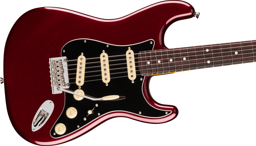 Fender American Professional Stratocaster in Oxblood, body close-up showing the pickups, controls and bridge