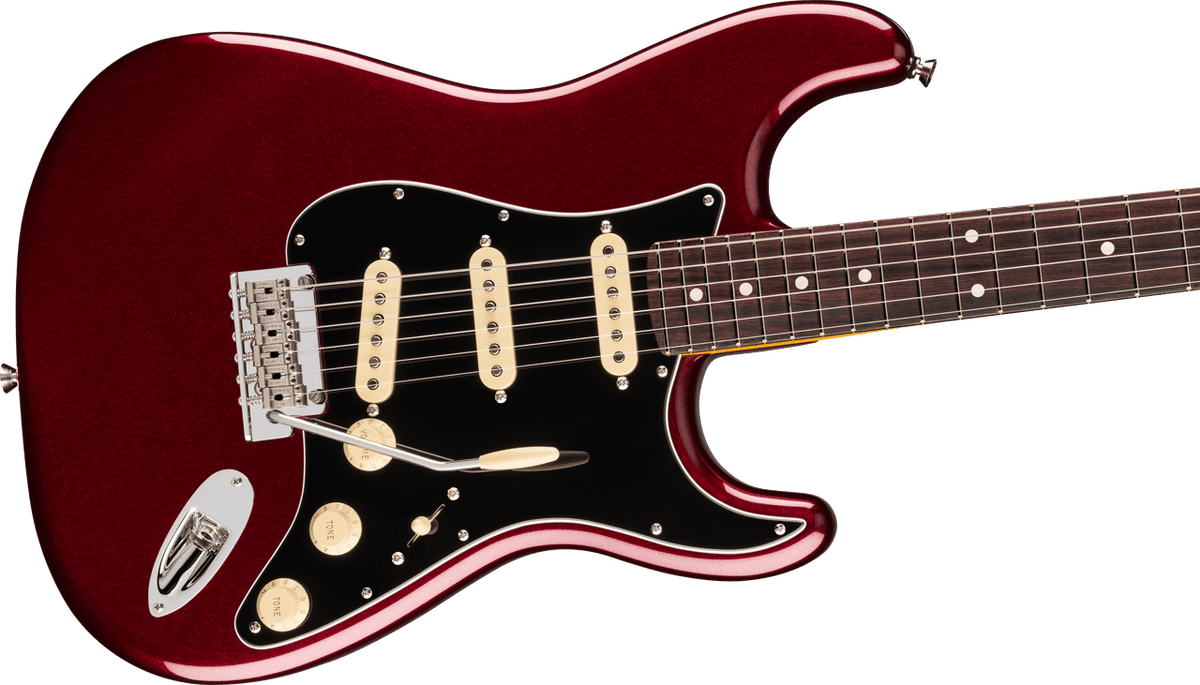 Fender American Professional Stratocaster in Oxblood, body close-up showing the pickups, controls and bridge