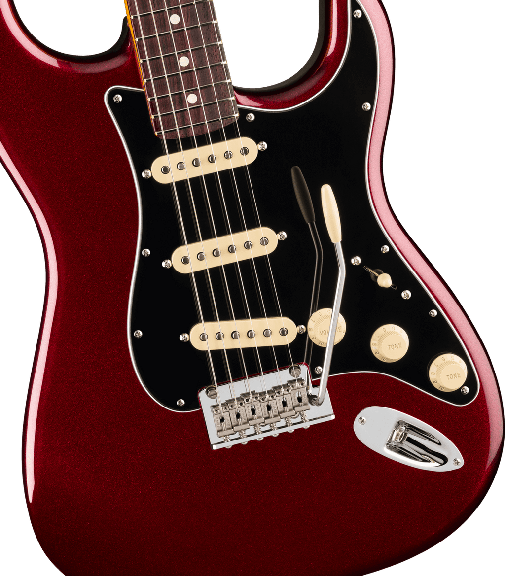 Rosewood fingerboard of the Fender American Professional Stratocaster in Oxblood, fingerboard close-up with white dot inlays