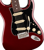 Rosewood fingerboard of the Fender American Professional Stratocaster in Oxblood, fingerboard close-up with white dot inlays