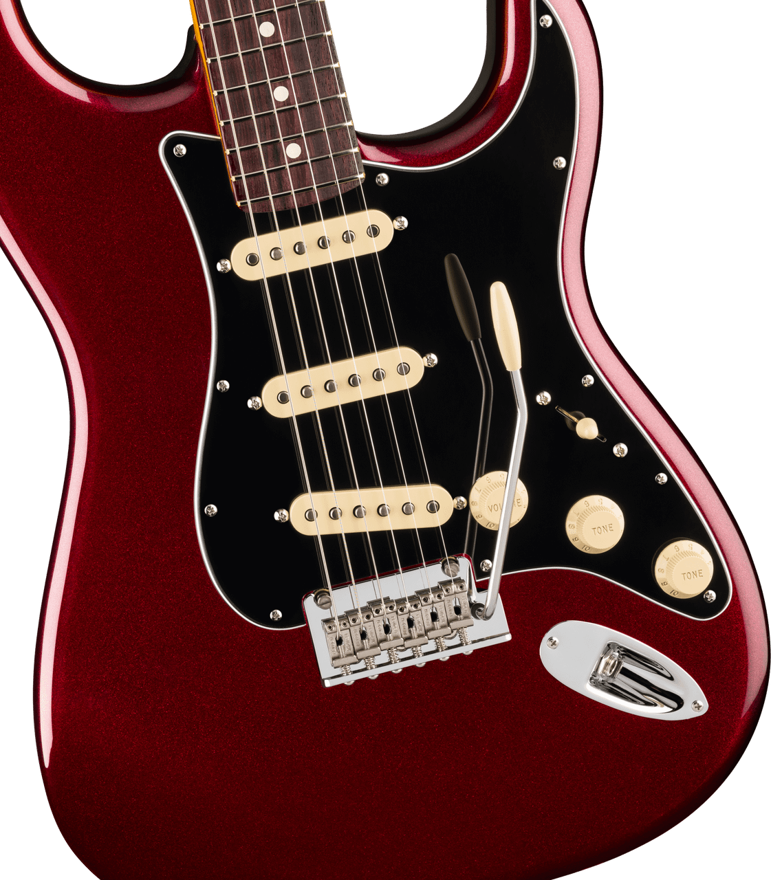 Rosewood fingerboard of the Fender American Professional Stratocaster in Oxblood, fingerboard close-up with white dot inlays