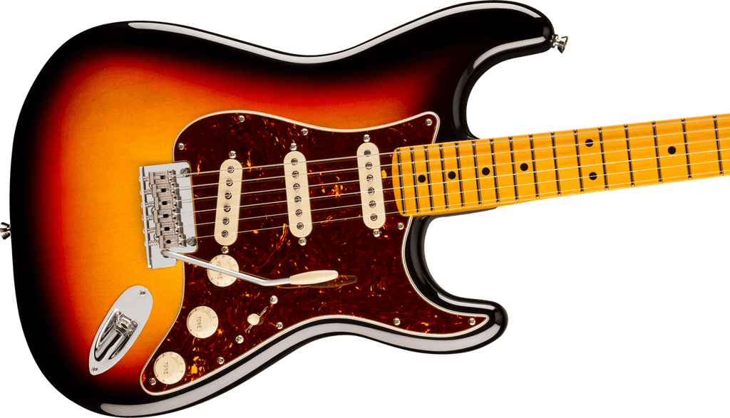 Fender American Professional Stratocaster in 3-Color Sunburst, body close-up showing the pickups, controls and bridge