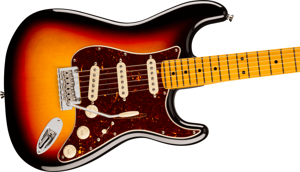 Fender American Professional Stratocaster in 3-Color Sunburst, body close-up showing the pickups, controls and bridge
