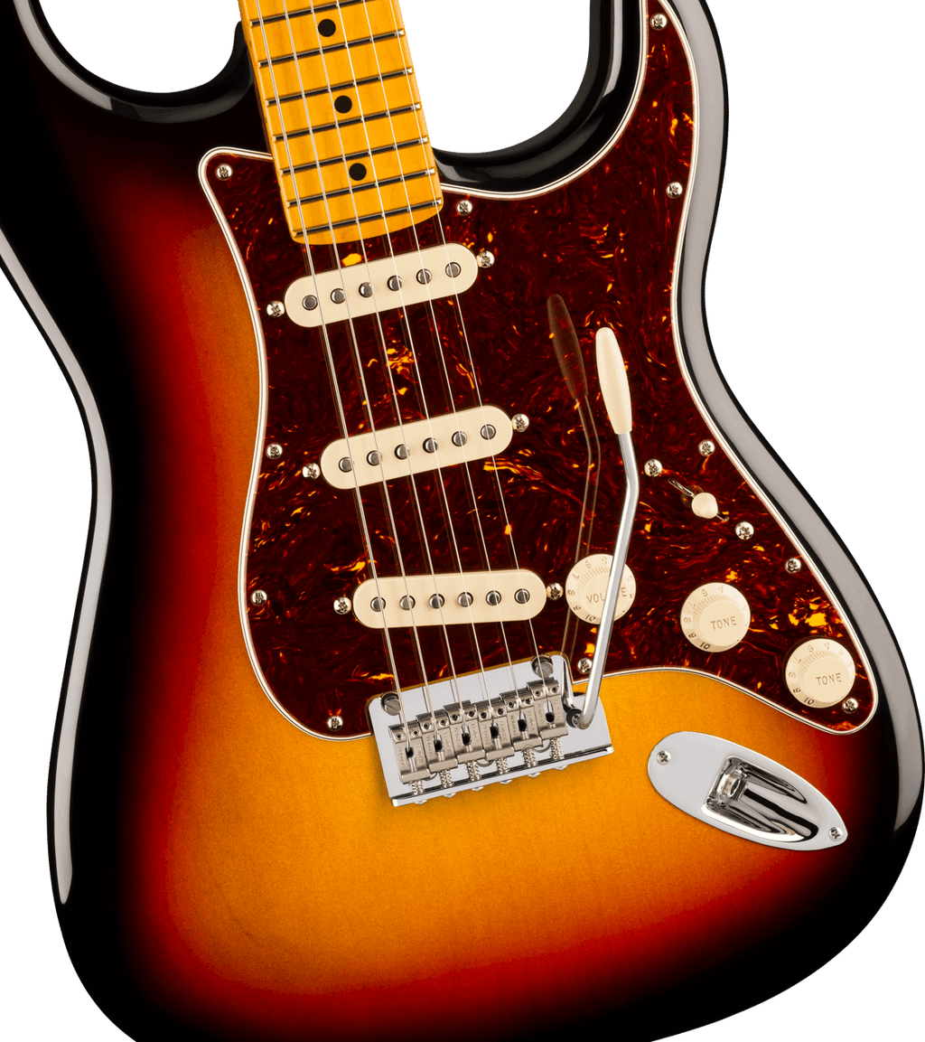 Maple fingerboard of the Fender American Professional Stratocaster in 3-Color Sunburst, fingerboard close-up with black dot inlays