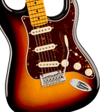 Maple fingerboard of the Fender American Professional Stratocaster in 3-Color Sunburst, fingerboard close-up with black dot inlays