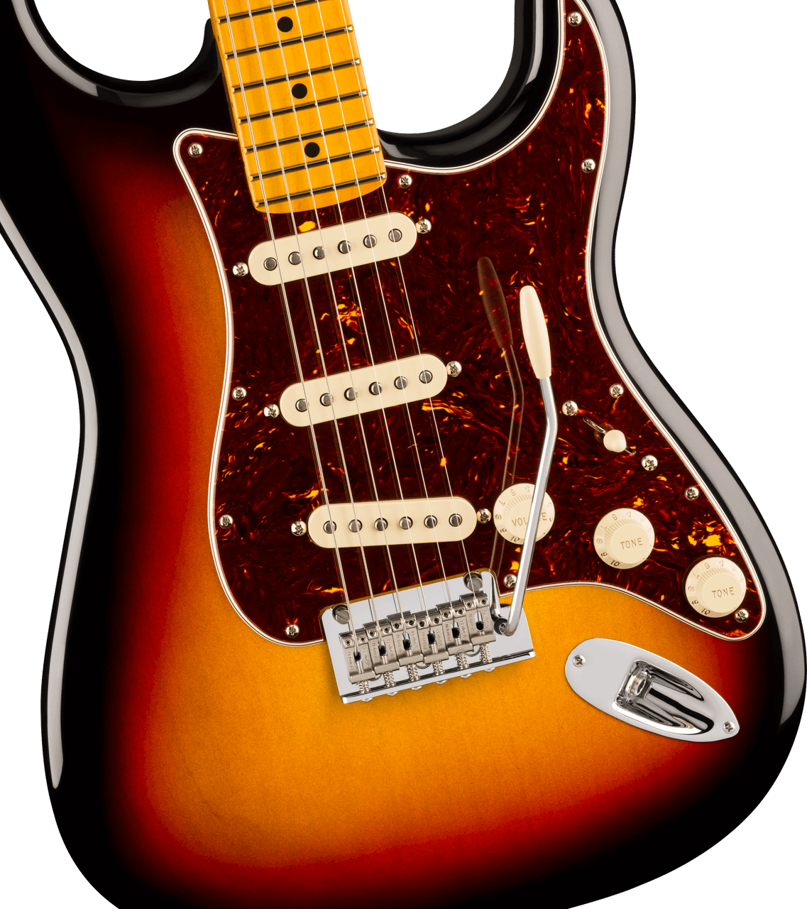 Maple fingerboard of the Fender American Professional Stratocaster in 3-Color Sunburst, fingerboard close-up with black dot inlays
