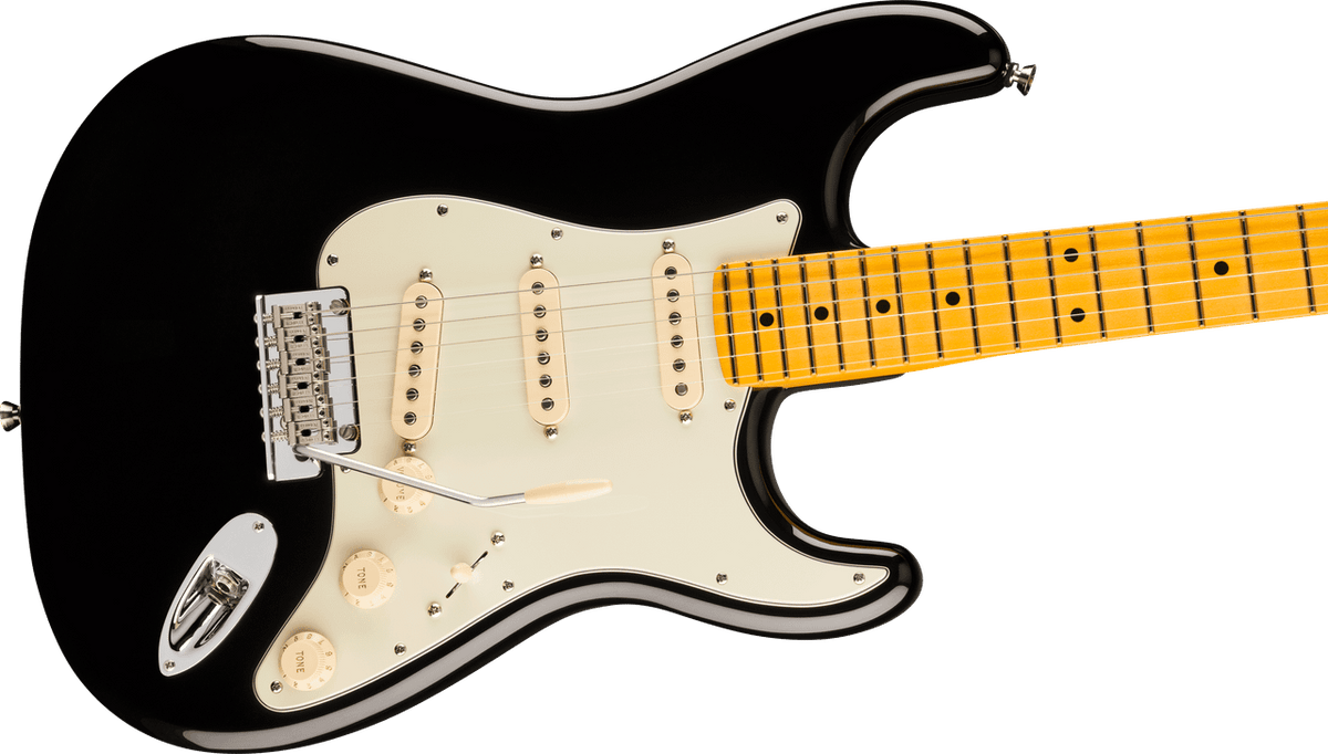 Fender American Professional Stratocaster in Black, body close-up showing the pickups, controls and bridge