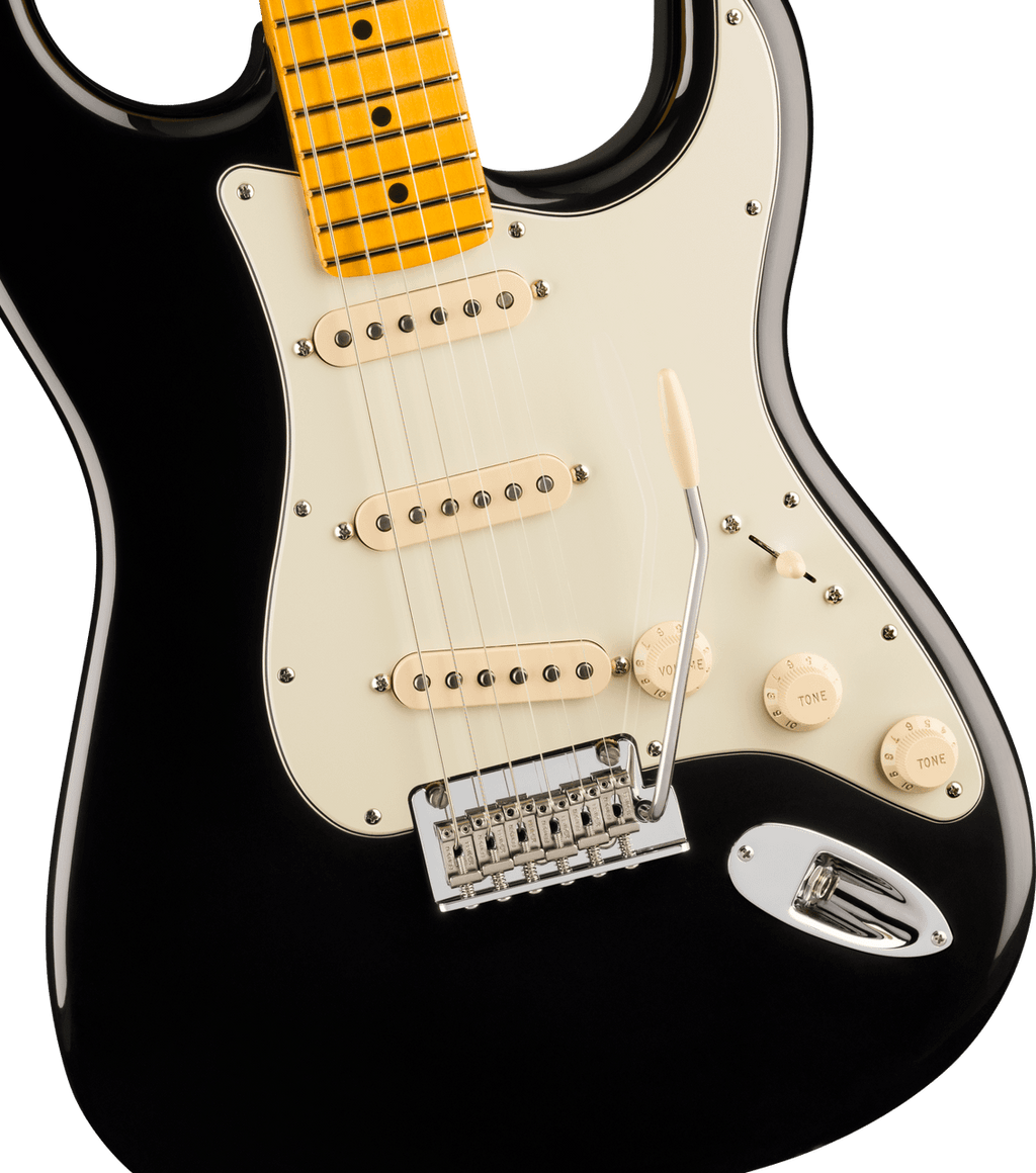 Maple fingerboard of the Fender American Professional Stratocaster in Black, fingerboard close-up with black dot inlays