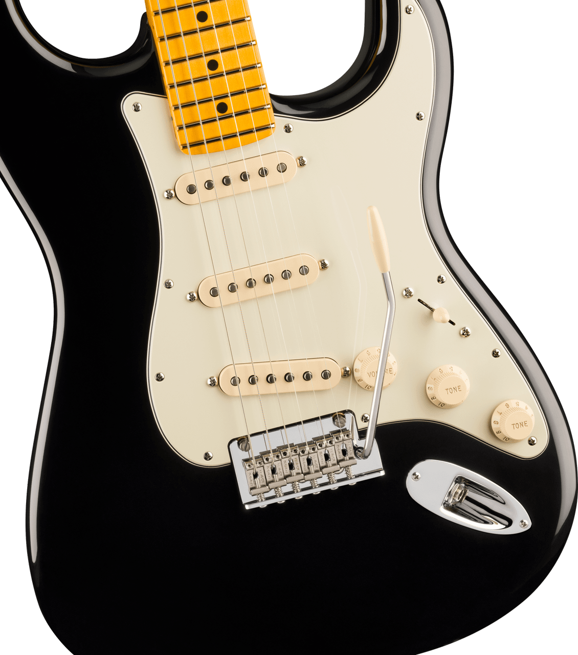 Maple fingerboard of the Fender American Professional Stratocaster in Black, fingerboard close-up with black dot inlays