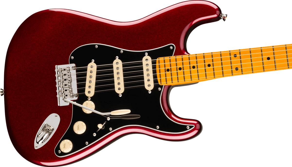 Fender American Professional Stratocaster in Oxblood, body close-up showing the pickups, controls and bridge