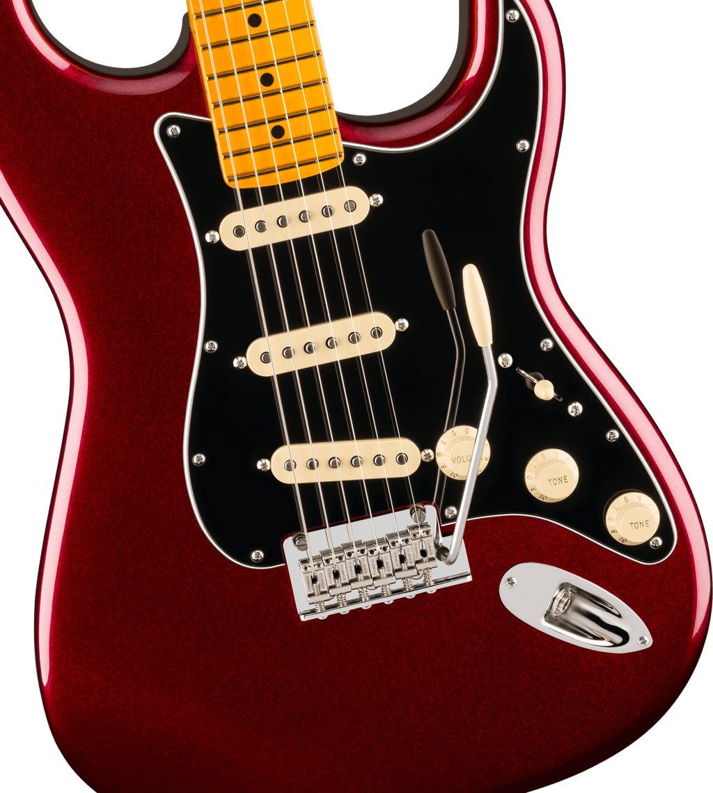 Maple fingerboard of the Fender American Professional Stratocaster in Oxblood, fingerboard close-up with black dot inlays
