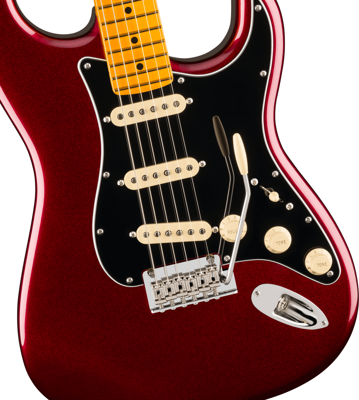 Maple fingerboard of the Fender American Professional Stratocaster in Oxblood, fingerboard close-up with black dot inlays