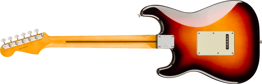 Rear view of the 3-Color Sunburst Stratocaster showing the 3-color sunburst finish, four-bolt neck plate, skunk stripe and tremolo cavity cover