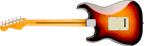 Rear view of the 3-Color Sunburst Stratocaster showing the 3-color sunburst finish, four-bolt neck plate, skunk stripe and tremolo cavity cover