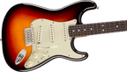 Angled view of the 3-Color Sunburst Stratocaster body: master volume and two tone knobs, five-way blade switch, aged-white pickup covers and the chrome six-saddle tremolo