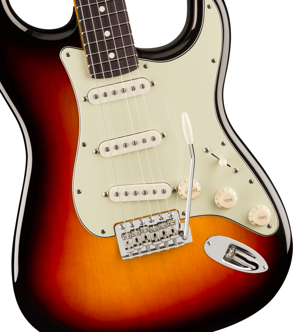 Rosewood fingerboard and Modern “C” maple neck of the 3-Color Sunburst Stratocaster, with white dot inlays and medium jumbo frets