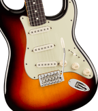 Rosewood fingerboard and Modern “C” maple neck of the 3-Color Sunburst Stratocaster, with white dot inlays and medium jumbo frets