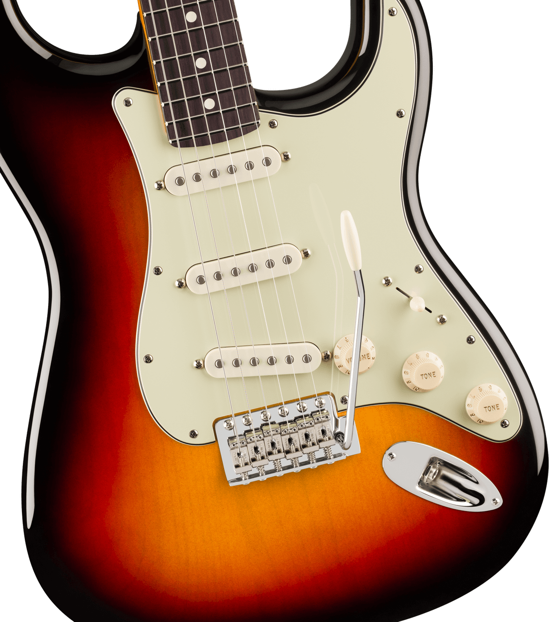 Rosewood fingerboard and Modern “C” maple neck of the 3-Color Sunburst Stratocaster, with white dot inlays and medium jumbo frets