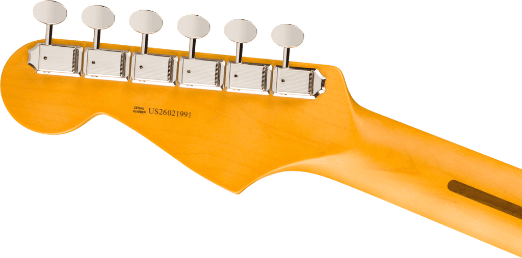 Back of the 3-Color Sunburst Stratocaster headstock and maple neck, showing the tuner posts and serial number