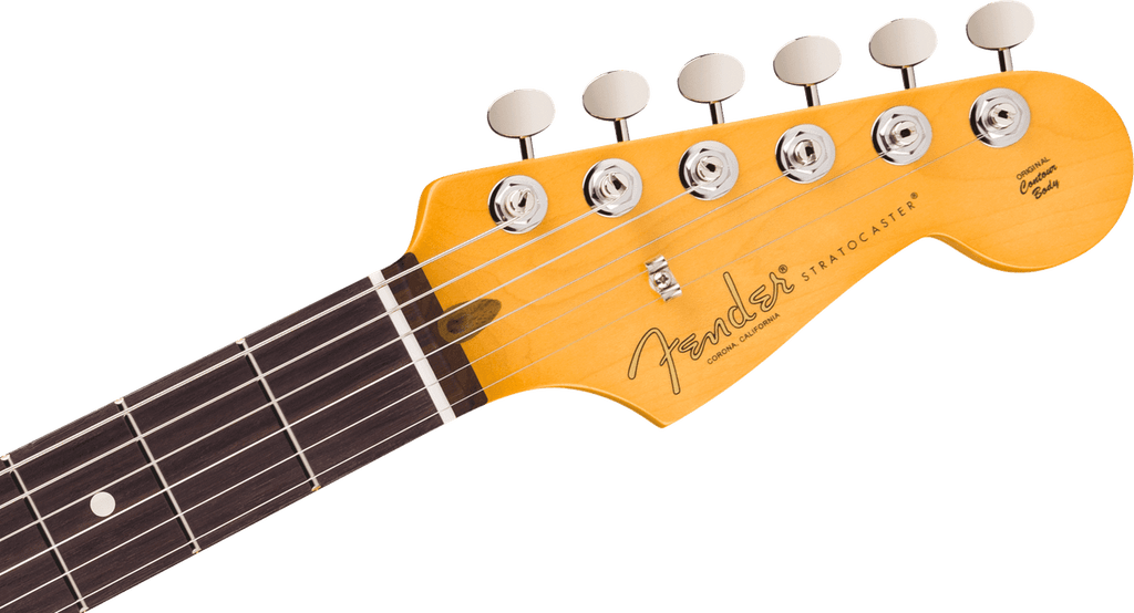 Vintage-tinted headstock of the 3-Color Sunburst Stratocaster with the gold Fender transition logo, Corona California stamp and ClassicGear staggered tuners