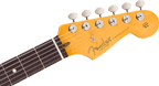 Vintage-tinted headstock of the 3-Color Sunburst Stratocaster with the gold Fender transition logo, Corona California stamp and ClassicGear staggered tuners
