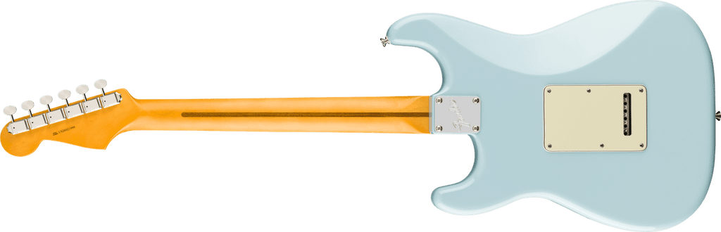 Rear view of the Daphne Blue Stratocaster showing the daphne blue finish, four-bolt neck plate, skunk stripe and tremolo cavity cover