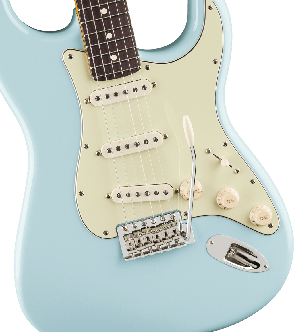Rosewood fingerboard and Modern “C” maple neck of the Daphne Blue Stratocaster, with white dot inlays and medium jumbo frets