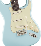 Rosewood fingerboard and Modern “C” maple neck of the Daphne Blue Stratocaster, with white dot inlays and medium jumbo frets