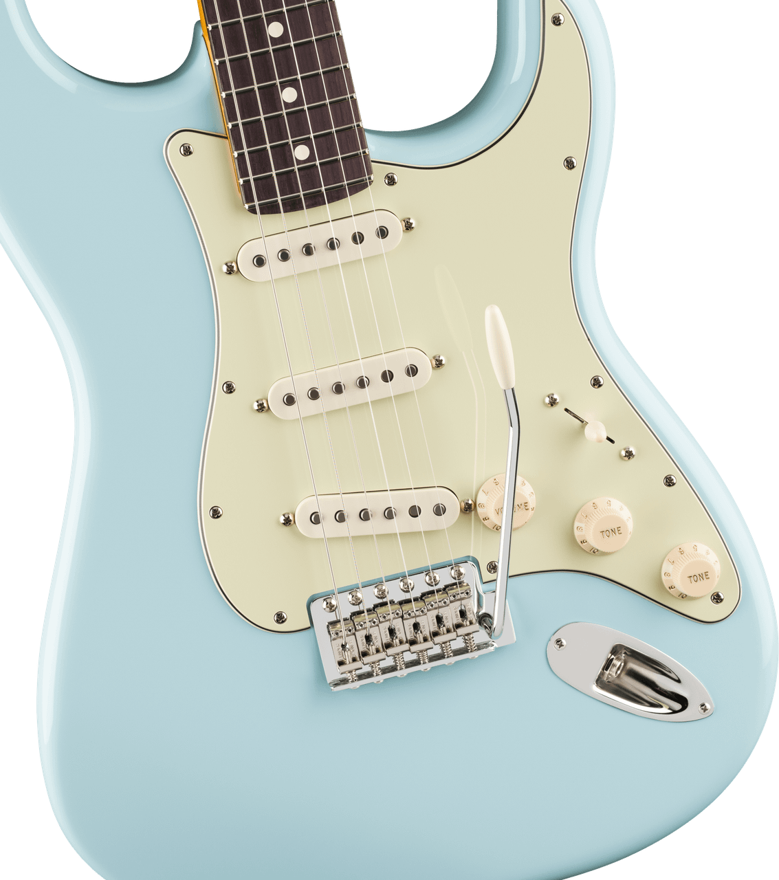 Rosewood fingerboard and Modern “C” maple neck of the Daphne Blue Stratocaster, with white dot inlays and medium jumbo frets