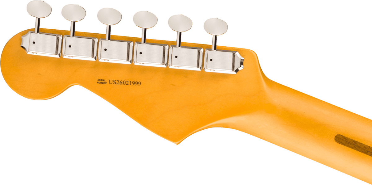 Back of the Daphne Blue Stratocaster headstock and maple neck, showing the tuner posts and serial number