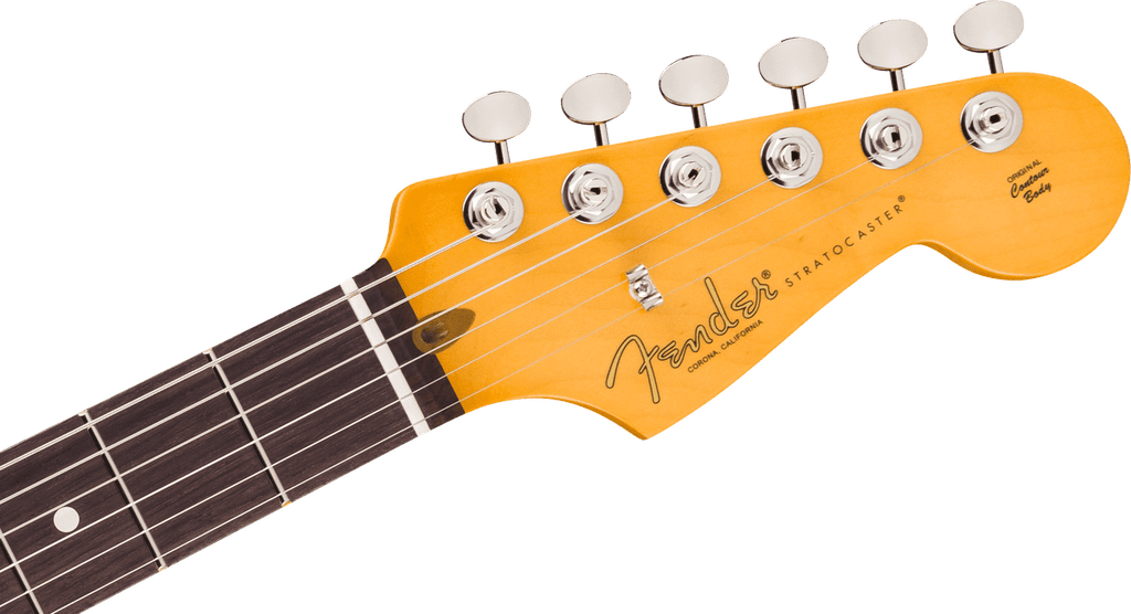 Vintage-tinted headstock of the Daphne Blue Stratocaster with the gold Fender transition logo, Corona California stamp and ClassicGear staggered tuners