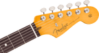Vintage-tinted headstock of the Daphne Blue Stratocaster with the gold Fender transition logo, Corona California stamp and ClassicGear staggered tuners