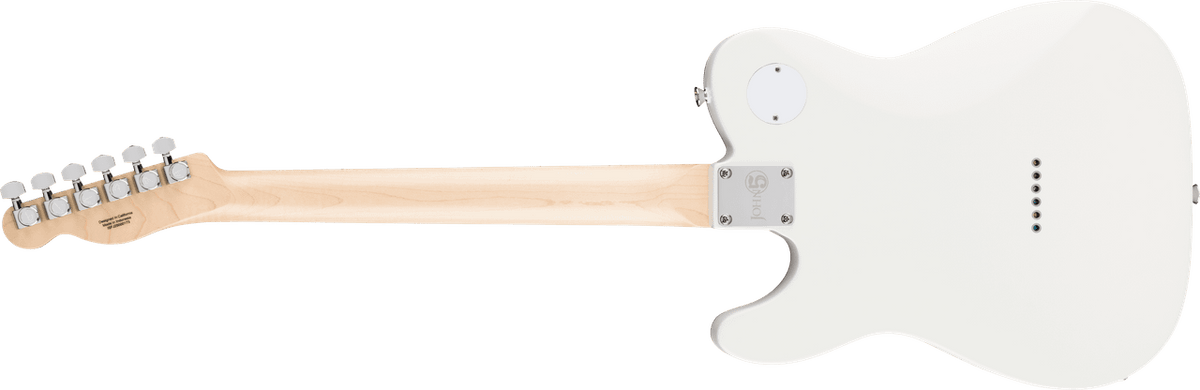 Fender John 5 Ghost Telecaster rear view showing the Arctic White body, six string-through-body ferrules and the satin maple neck