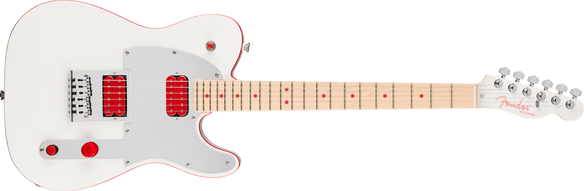 Fender John 5 Ghost Telecaster in Arctic White, full front view with red-bobbin DiMarzio humbuckers, red volume knob and red killswitch