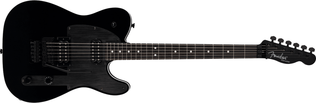 Fender John 5 Phantom Telecaster in Black, full front view with brushed black pickguard, DiMarzio humbuckers and Floyd Rose tremolo