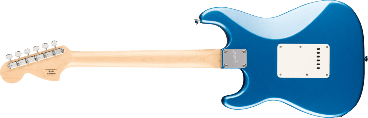 Squier Paranormal Stratocaster Deluxe rear view showing the Lake Placid Blue gloss body and bolt-on maple neck