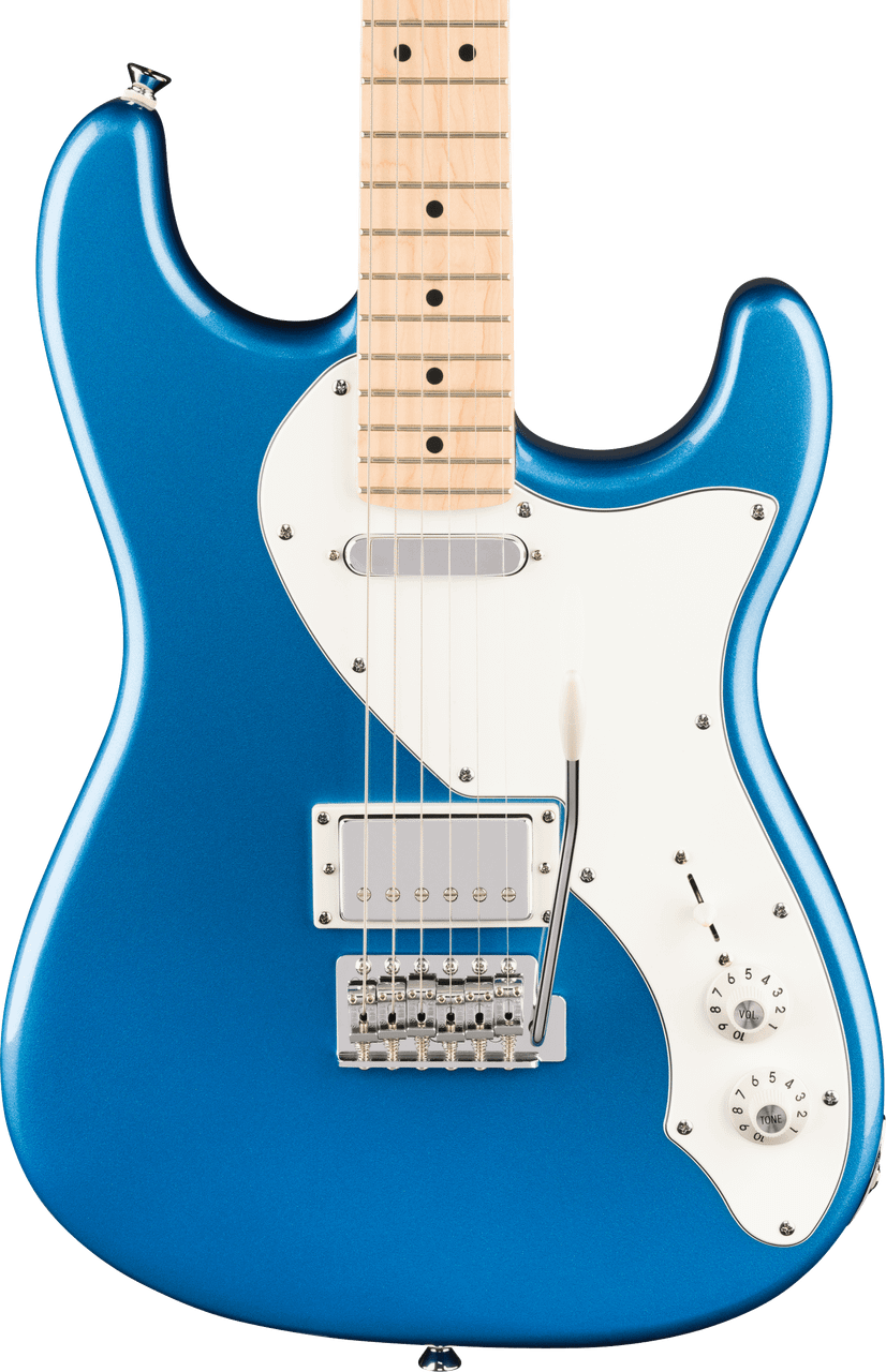 Squier Paranormal Stratocaster Deluxe fingerboard detail, maple board with black dot inlays and narrow-tall frets