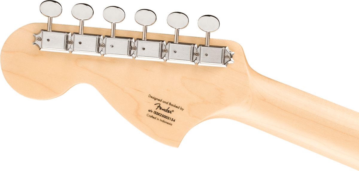 Squier Paranormal Stratocaster Deluxe headstock rear showing the vintage-style tuner buttons and maple neck
