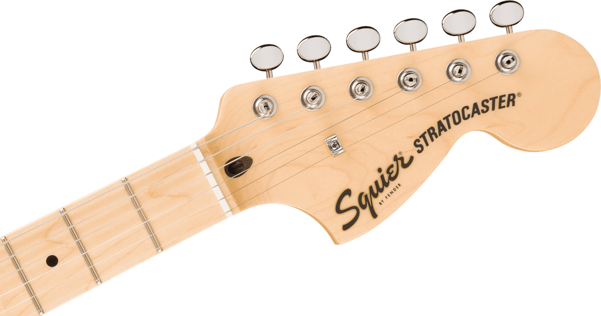 Squier Paranormal Stratocaster Deluxe large '70s headstock front, natural maple with black Squier logo and vintage-style tuners