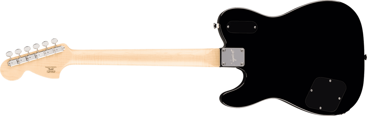 Squier Paranormal Troublemaker Telecaster Deluxe Bigsby rear view showing the gloss black bound body and maple neck