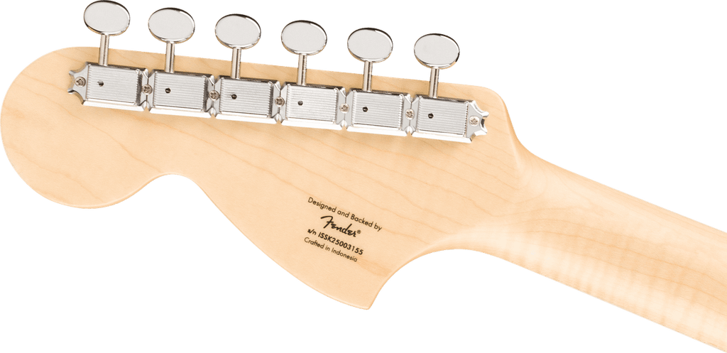 Squier Paranormal Troublemaker Telecaster Deluxe headstock rear showing the vintage-style tuner buttons and maple neck