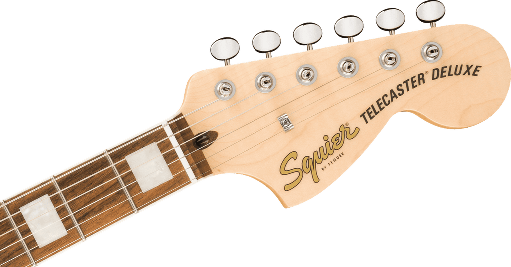 Squier Paranormal Troublemaker Telecaster Deluxe large headstock front, natural maple with gold Squier script and Telecaster Deluxe logo