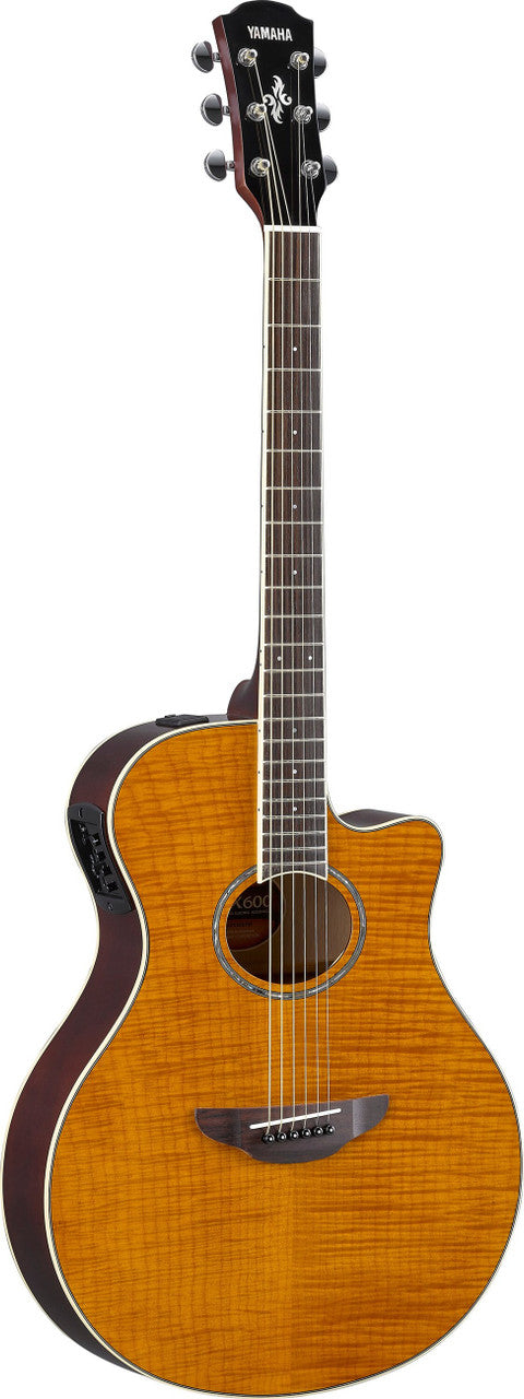 Yamaha APX600FM in Amber, back view showing the thinline body and neck