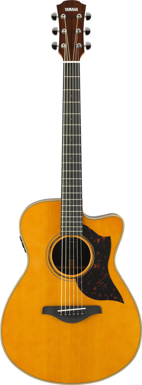 Yamaha AC3R ARE concert cutaway in Vintage Natural, back view showing the solid rosewood back and mahogany neck